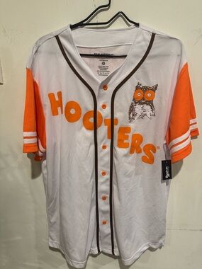 Hooters White and Orange Button-Up Baseball Jersey with Owl Patch